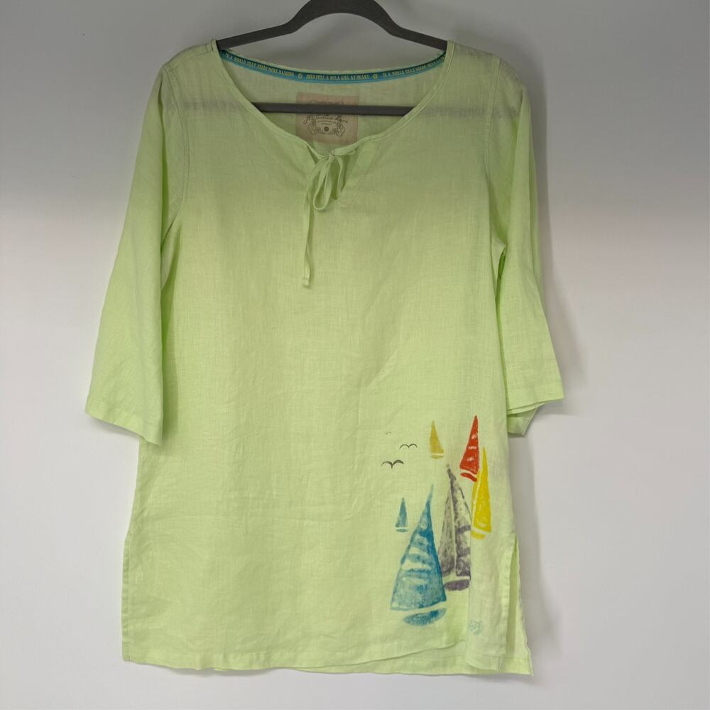 Margaritaville Linen Tunic Top Womens M Green Sailboat Beach Coastal Peasant - Picture 2 of 9